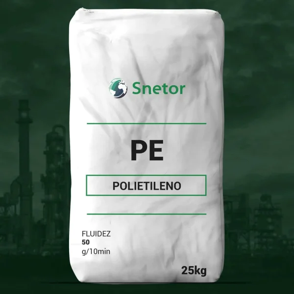 Nombre del producto: PE - LLDPE - MFI 50 - 5026N Categoría: Polietileno Marca: Snetor Material: Polietileno (PE) Características técnicas: - Fluidez: 50 g/10 min - Tamaño del envase: 25 kg Uso y funcionalidad: Producto utilizado en aplicaciones de plásticos, blending y extrusión. Diferenciadores: La especificación de fluidez (MFI) sugiere que es adecuado para procesos de inyección o extrusión. Texto visible: - "PE" - "POLIETILENO" - "FLUIDEZ 50 g/10min" - "25kg"