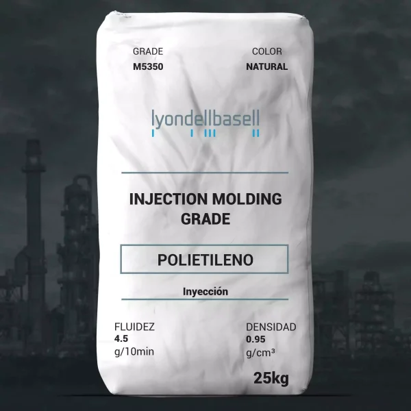 Nombre del producto: PE - HDPE - MFI4.5 - LYONDELLBASELL - ALATHON M5350 Categoría: Polietileno Marca: LyondellBasell Color: Natural Tamaño: 25 kg Uso: Grado de moldeo por inyección Fluidez: 4.5 g/10 min Densidad: 0.95 g/cm³ Detalles de producto: - Material: Polietileno de alta densidad (HDPE) - Aplicaciones: Fabricación de envases, contenedores y componentes para contacto con alimentos - Propiedades: Alta resistencia al impacto, baja olores, buen estabilidad de procesamiento Recomendaciones de uso y procesamiento: - Técnica: Moldeo por inyección - Condiciones de inicio: Consultar con representante para detalles específicos Propiedades adicionales: - Cumple con la regulación de la FDA para contacto con alimentos - Temperatura de fusión: 267.3 °F (130.7 °C) Este producto es adecuado para su uso en aplicaciones que requieren un material fuerte y duradero.