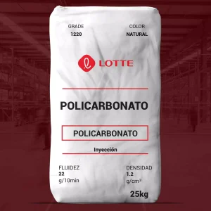 Nombre del producto: PC - MFI22 - LOTTE - PC 1220 Categoría: Policarbonato Marca: LOTTE Características del producto: - Tipo de material: Policarbonato - Color: Natural - Peso: 25 kg - Fluidez: 22 g/10min - Densidad: 1.2 g/cm³ - Aplicación: Inyección Propiedades mecánicas (no visibles, pero relevantes): - Resistencia a la tracción (rendimiento): 630 kgf/cm² - Alargamiento a la ruptura: > 100% - Resistencia flexural (rendimiento): 920 kgf/cm² - Módulo de flexión: 24,000 kgf/cm² - Resistencia al impacto IZOD (no notched): 70 kg·cm/cm Propiedades térmicas: - Temperatura de distorsión por calor: 139 °C (4.6 kgf/cm²) - Temperatura de ablandamiento Vicat: 150 °C Otras características: - Transmitancia de luz: 89% - Haze: < 0.8% - Índice de refracción: 1.585 Recomendaciones de procesamiento: - Temperatura de secado: 120 °C - Tiempo de secado: 4 horas - Temperaturas recomendadas para moldeo por inyección: 290-310 °C (melt), 280-300 °C (nozzle), 270-290 °C (frontal) Notas: Reutilizar los sprues y runners con una proporción de hasta el 20% de resina virgen, asegurando que el material reciclado esté libre de impurezas.