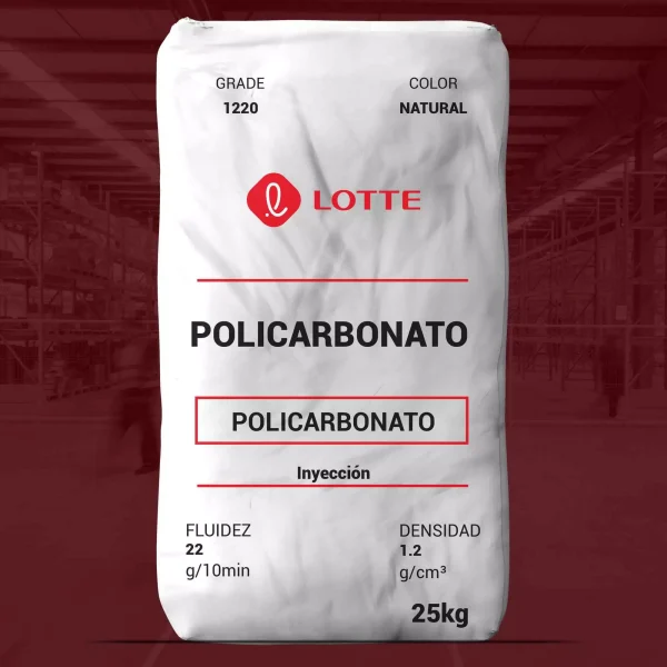 Nombre del producto: PC - MFI22 - LOTTE - PC 1220 Categoría: Policarbonato Marca: LOTTE Características del producto: - Tipo de material: Policarbonato - Color: Natural - Peso: 25 kg - Fluidez: 22 g/10min - Densidad: 1.2 g/cm³ - Aplicación: Inyección Propiedades mecánicas (no visibles, pero relevantes): - Resistencia a la tracción (rendimiento): 630 kgf/cm² - Alargamiento a la ruptura: > 100% - Resistencia flexural (rendimiento): 920 kgf/cm² - Módulo de flexión: 24,000 kgf/cm² - Resistencia al impacto IZOD (no notched): 70 kg·cm/cm Propiedades térmicas: - Temperatura de distorsión por calor: 139 °C (4.6 kgf/cm²) - Temperatura de ablandamiento Vicat: 150 °C Otras características: - Transmitancia de luz: 89% - Haze: < 0.8% - Índice de refracción: 1.585 Recomendaciones de procesamiento: - Temperatura de secado: 120 °C - Tiempo de secado: 4 horas - Temperaturas recomendadas para moldeo por inyección: 290-310 °C (melt), 280-300 °C (nozzle), 270-290 °C (frontal) Notas: Reutilizar los sprues y runners con una proporción de hasta el 20% de resina virgen, asegurando que el material reciclado esté libre de impurezas.