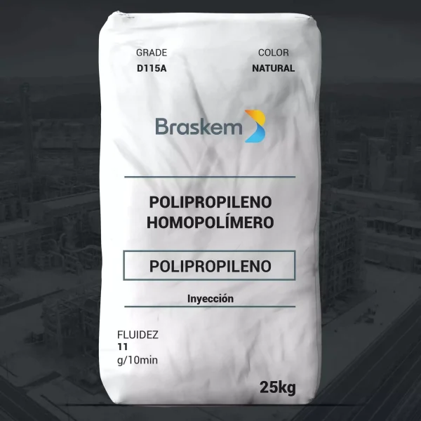 Nombre del producto: PP - HOPP - MFI12 - BRASKEM - D115A Categoría: Polipropileno Marca: Braskem Color: Natural Clasificación: Homopolímero Capacidad: 25 kg Fluidez: 11 g/10 min Uso: Inyección Características técnicas: - Aplicaciones: Multi propósito, buena estabilidad de color y proceso. Usos sugeridos incluyen menaje, muebles de patio, cierres. - Cumple con los requerimientos de polímeros olefínicos según 21 CFR, sección 177.1520 de la FDA. - Aprobado por UL (EE. UU. y Canadá). Notas adicionales: - Resinas personalizadas disponibles para requisitos específicos. - Información puede ser modificada sin previo aviso. - No contiene aditivos con metales pesados ni materiales a base de organotina. - Valores reflejan propiedades típicas obtenidas en laboratorio, no son absolutos. Acción recomendada: Para dudas sobre utilizaciones o aplicaciones adicionales, contactar Servicio Técnico.