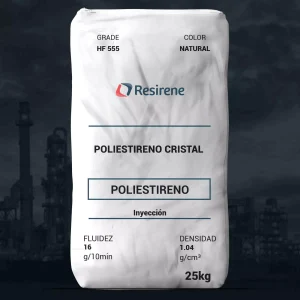 Nombre del producto: Resirene - HF 555 Categoría: Poliestireno Atributos del producto: - **Material**: Poliestireno cristal - **Color**: Natural - **Tamaño**: 25 kg Características destacadas: - **Fluidez**: 16 g/10 min - **Densidad**: 1.04 g/cm³ Uso y funcionalidad: - **Aplicaciones**: - Inyección - Fabricación de componentes delgados y partes complejas Elementos técnicos: - **Marca**: Resirene - **Grado**: HF 555 Advertencias: - La combustión puede generar humos peligrosos. - Calor excesivo puede causar degradación o amarillamiento. Información adicional: - Los valores reportados son promedios y solo como guía, no límites de especificación.