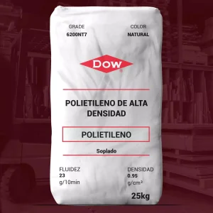 Nombre del producto: PP-DMDD 6200 NT 7-DOW Marca: DOW Categoría: Polietileno Color: Natural Características del producto: - Material: Polietileno de alta densidad (HDPE) - Fluidez: 23 g/10 min - Densidad: 0.95 g/cm³ - Tamaño del envase: 25 kg Uso y funcionalidad: - Diseñado para la producción de envases moldeados por soplado destinados a productos alimentarios, productos químicos industriales domésticos, productos de tocador y cosméticos, entre otros. Diferenciadores técnicos: - Excelente resistencia al agrietamiento por tensión - Alto rendimiento de impacto - Resistencia moderada a la hinchazón - Alta resistencia a la fusión Cumplimiento normativo: - Cumple con la normativa U.S. FDA y EU No 10/2011. Adicional: - No contiene aditivos como antibloqueo o deslizamiento. - Puede ser moldeado en otras piezas delgadas y artículos de menaje.