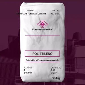 Nombre del producto: Formolene FORMAX L91930B Categoría: Polietileno Marca: Formosa Plastics Color: Natural Tamaño: 25 kg Fluidez: 3 g/10 min Densidad: 0.92 g/cm³ Detalles del producto: - Tipo: Polietileno de baja densidad lineal (LLDPE) - Aplicaciones sugeridas: - Empaque industrial - Liner industriales - Empaque de alimentos - Film de estiramiento - Bolsas para basura - Coextrusión Propiedades mecánicas: - Impacto de Dart: 170 g - Resistencia al desgarro: 270 (MD)/430 (TD) g - Resistencia nominal (Yield Strength): 1300 psi - Resistencia a la tracción al romperse: 4500 (MD)/3500 (TD) psi - Elongación: 600% (MD)/800% (TD) Propiedades ópticas: - Brillo (45°): 80% - Opacidad (Haze): 2% Nota: Las propiedades filmadas se midieron en una película cast de 0.8 mil (20 micrones) extruida a 320 pies por minuto con una temperatura de fusión de 520°F.