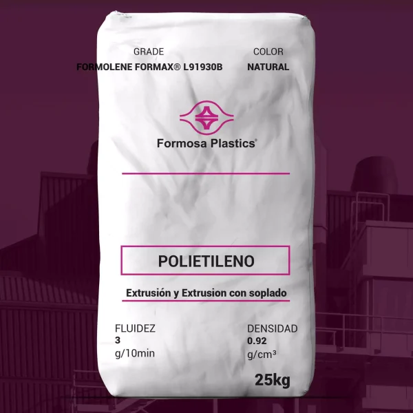 Nombre del producto: Formolene FORMAX L91930B Categoría: Polietileno Marca: Formosa Plastics Color: Natural Tamaño: 25 kg Fluidez: 3 g/10 min Densidad: 0.92 g/cm³ Detalles del producto: - Tipo: Polietileno de baja densidad lineal (LLDPE) - Aplicaciones sugeridas: - Empaque industrial - Liner industriales - Empaque de alimentos - Film de estiramiento - Bolsas para basura - Coextrusión Propiedades mecánicas: - Impacto de Dart: 170 g - Resistencia al desgarro: 270 (MD)/430 (TD) g - Resistencia nominal (Yield Strength): 1300 psi - Resistencia a la tracción al romperse: 4500 (MD)/3500 (TD) psi - Elongación: 600% (MD)/800% (TD) Propiedades ópticas: - Brillo (45°): 80% - Opacidad (Haze): 2% Nota: Las propiedades filmadas se midieron en una película cast de 0.8 mil (20 micrones) extruida a 320 pies por minuto con una temperatura de fusión de 520°F.