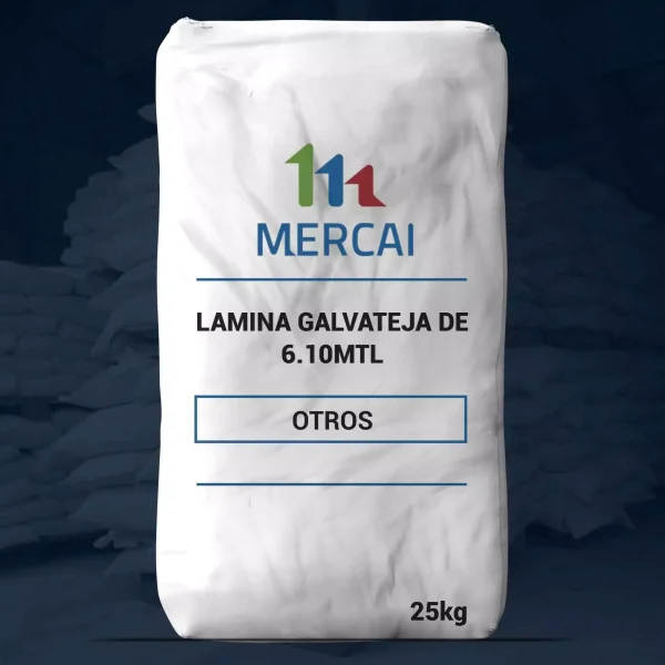 Nombre del producto: LAMINA GALVATEJA DE 6.10MTL Categoría: Lamina Marca: MERCAI Peso: 25 kg Dimensiones: 6.10 metros Características: - Material: Galvanizado - Tipo: Laminado - Uso: Construcción y techado Detalles técnicos: - Capacidad: 6.10 metros de longitud - Otras especificaciones: Indica "OTROS" en el etiquetado Funcionalidad: - Diseñada para cubrir superficies, resistente a la corrosión, adecuada para ambientes exteriores. Diferenciadores: - Estructura de acero galvanizado para mayor durabilidad. - Presentación en bolsa para facilitar el transporte.