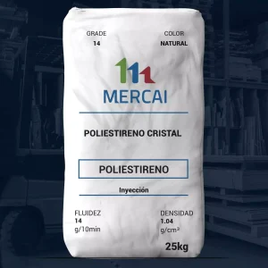 Nombre del producto: PS - MFI14 - MERCAI - GPPS PSCRY 14 Categoría: Poliestireno Marca: MERCAI Características generales: - Estado del material: Activo - Disponibilidad: América del Norte - Tipo: Poliestireno General Cumplimiento y certificaciones: - Clasificación de agencia: FDA 21 CFR 177.1640 - Cumplimiento RoHS: Cumple Formas disponibles: - Pellets Datos físicos: - Densidad: 1.04 g/cm³ - Fluidez: 14 g/10 min Datos mecánicos: - Resistencia a la tracción (rotura, 23°C, moldeado por inyección): 43.3 MPa - Módulo de flexión (23°C, moldeado por inyección): 3310 MPa - Resistencia a la flexión (23°C, moldeado por inyección): 65.8 MPa Datos térmicos: - Temperatura de deformación bajo carga (1.8 MPa, no recocido): 87.2 °C - Temperatura de ablandamiento Vicat: 98.3 °C Notas: - Propiedades típicas, no deben interpretarse como especificaciones. Peso del paquete: 25 kg Color: Natural