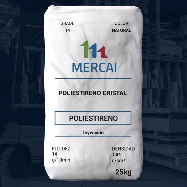 Nombre del producto: PS - MFI14 - MERCAI - GPPS PSCRY 14 Categoría: Poliestireno Marca: MERCAI Características generales: - Estado del material: Activo - Disponibilidad: América del Norte - Tipo: Poliestireno General Cumplimiento y certificaciones: - Clasificación de agencia: FDA 21 CFR 177.1640 - Cumplimiento RoHS: Cumple Formas disponibles: - Pellets Datos físicos: - Densidad: 1.04 g/cm³ - Fluidez: 14 g/10 min Datos mecánicos: - Resistencia a la tracción (rotura, 23°C, moldeado por inyección): 43.3 MPa - Módulo de flexión (23°C, moldeado por inyección): 3310 MPa - Resistencia a la flexión (23°C, moldeado por inyección): 65.8 MPa Datos térmicos: - Temperatura de deformación bajo carga (1.8 MPa, no recocido): 87.2 °C - Temperatura de ablandamiento Vicat: 98.3 °C Notas: - Propiedades típicas, no deben interpretarse como especificaciones. Peso del paquete: 25 kg Color: Natural