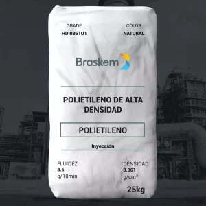 Nombre del producto: PE - HDPE - MFI8.5 - BRASKEM - HDI0861U1 Categoría: Polietileno Marca: Braskem Color: Natural Peso: 25 kg Descripción del producto: Resina de polietileno de alta densidad (HDPE) con una distribución de peso molecular estrecha. Adecuada para moldeo por inyección, proporciona un excelente acabado superficial, buena resistencia al impacto y rigidez. Contiene aditivos estabilizadores de luz UV. Aplicaciones: - Bandejas - Contenedores de plástico - Cajas Propiedades físicas y técnicas: - Fluidez (Índice de fluidez): 8.5 g/10 min (ASTM D1238) - Densidad: 0.961 g/cm³ (ASTM D792) Propiedades típicas: - Esfuerzo en el punto de cedencia: 30 MPa (ASTM D638) - Esfuerzo en el punto de rotura: 21 MPa (ASTM D638) - Deformación en el punto de cedencia: 6% (ASTM D638) - Deformación en el punto de rotura: 880% (ASTM D638) - Módulo de elasticidad (secante 1%): 1470 MPa (ASTM D638) - Módulo de flexión (secante 1%): 1490 MPa (ASTM D790) - Resistencia al impacto IZOD: 45 J/m (ASTM D256/A) - Temperatura de deformación térmica (0.455MPa): 75 °C (ASTM D648) - Temperatura de ablandamiento VICAT (10 N): 130 °C (ASTM D1525) - Dureza Shore D: 65 (ASTM D 2240) - ESCR (100% Igepal): 3 h (ASTM D 1693) Observaciones finales: - Leer hoja de datos de seguridad antes de su uso. - Información sujeta a cambios sin previo aviso. - No recomendado para productos en contacto con soluciones parenterales o el interior del cuerpo humano. - Para detalles sobre BPA y contacto con alimentos, consultar hojas de información regulatoria.