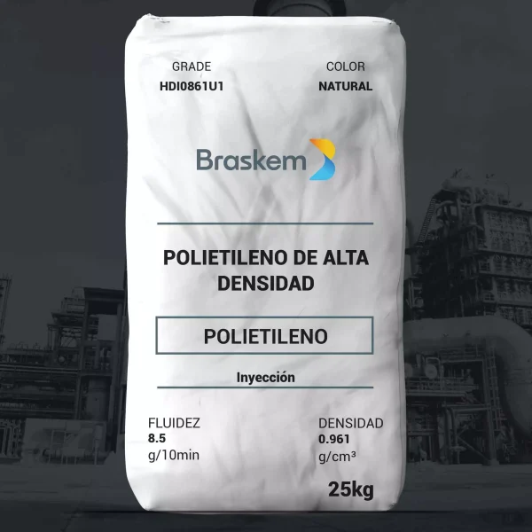 Nombre del producto: PE - HDPE - MFI8.5 - BRASKEM - HDI0861U1 Categoría: Polietileno Marca: Braskem Color: Natural Peso: 25 kg Descripción del producto: Resina de polietileno de alta densidad (HDPE) con una distribución de peso molecular estrecha. Adecuada para moldeo por inyección, proporciona un excelente acabado superficial, buena resistencia al impacto y rigidez. Contiene aditivos estabilizadores de luz UV. Aplicaciones: - Bandejas - Contenedores de plástico - Cajas Propiedades físicas y técnicas: - Fluidez (Índice de fluidez): 8.5 g/10 min (ASTM D1238) - Densidad: 0.961 g/cm³ (ASTM D792) Propiedades típicas: - Esfuerzo en el punto de cedencia: 30 MPa (ASTM D638) - Esfuerzo en el punto de rotura: 21 MPa (ASTM D638) - Deformación en el punto de cedencia: 6% (ASTM D638) - Deformación en el punto de rotura: 880% (ASTM D638) - Módulo de elasticidad (secante 1%): 1470 MPa (ASTM D638) - Módulo de flexión (secante 1%): 1490 MPa (ASTM D790) - Resistencia al impacto IZOD: 45 J/m (ASTM D256/A) - Temperatura de deformación térmica (0.455MPa): 75 °C (ASTM D648) - Temperatura de ablandamiento VICAT (10 N): 130 °C (ASTM D1525) - Dureza Shore D: 65 (ASTM D 2240) - ESCR (100% Igepal): 3 h (ASTM D 1693) Observaciones finales: - Leer hoja de datos de seguridad antes de su uso. - Información sujeta a cambios sin previo aviso. - No recomendado para productos en contacto con soluciones parenterales o el interior del cuerpo humano. - Para detalles sobre BPA y contacto con alimentos, consultar hojas de información regulatoria.