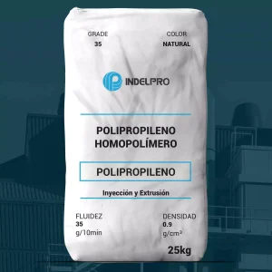 Nombre del producto: PP - HOPP - MFI35 - INDELPRO - AXLENE 35 Categoría: Polipropileno Marca: INDELPRO Atributos del producto: - Material: Polipropileno homopolímero - Color: Natural - Tamaño: 25 kg Detalles técnicos: - Fluidez: 35 g/10min - Densidad: 0.9 g/cm³ Funcionalidad: - Uso en inyección y extrusión. Diferenciadores: - Homopolímero, adecuado para procesos industriales específicos. - Las características de fluidez y densidad permiten aplicaciones específicas en la fabricación. No se identificaron más elementos visuales o texto adicional.