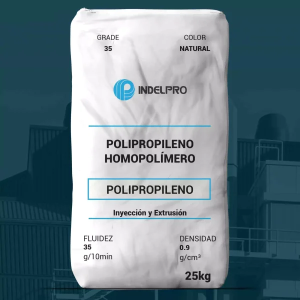 Nombre del producto: PP - HOPP - MFI35 - INDELPRO - AXLENE 35 Categoría: Polipropileno Marca: INDELPRO Atributos del producto: - Material: Polipropileno homopolímero - Color: Natural - Tamaño: 25 kg Detalles técnicos: - Fluidez: 35 g/10min - Densidad: 0.9 g/cm³ Funcionalidad: - Uso en inyección y extrusión. Diferenciadores: - Homopolímero, adecuado para procesos industriales específicos. - Las características de fluidez y densidad permiten aplicaciones específicas en la fabricación. No se identificaron más elementos visuales o texto adicional.