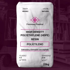 Nombre del producto: Formolene® HB4903 Marca: Formosa Plastics Categoría: Polietileno Color: Natural Tamaño: 25 kg por bolsa Características físicas: - Material: Polietileno de alta densidad (HDPE) - Densidad: 0.94 g/cm³ - Fluidez (Melt Index): 0.3 g/10 min Aplicaciones sugeridas: - Tanques de combustible - Cubos de basura - Asientos - Contenedores industriales grandes - Láminas Detalles técnicos: - Resistencia a la fisuración por estrés ambiental (ESCR): 500 horas - Resistencia a la tracción (Tensile Yield Strength): 3600 psi (25 MPa) - Elongación máxima: >600% - Temperatura de fragilidad: < -180 °F (< -118 °C) Cumple con las regulaciones de la FDA para empaques de alimentos a temperaturas no superiores a 212 °F (100 °C). Uso y funcionalidad: Diseñado para aplicaciones de moldaje por soplado y ofrece alta resistencia y procesabilidad.