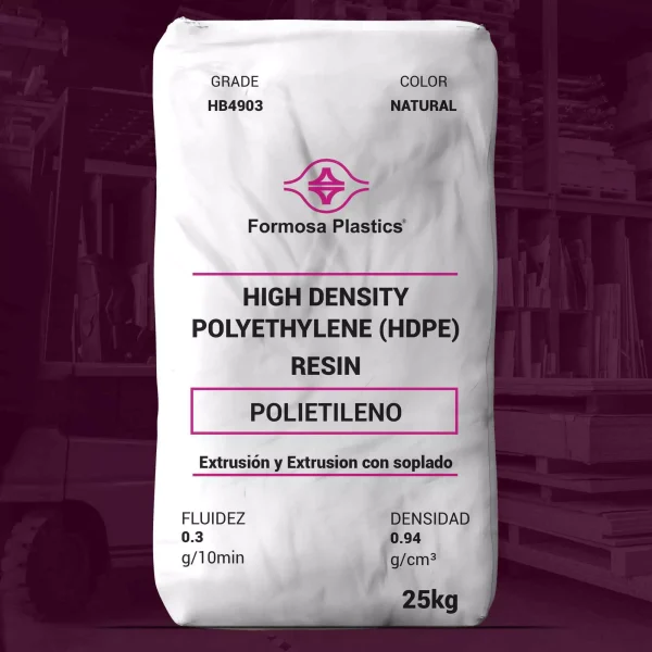 Nombre del producto: Formolene® HB4903 Marca: Formosa Plastics Categoría: Polietileno Color: Natural Tamaño: 25 kg por bolsa Características físicas: - Material: Polietileno de alta densidad (HDPE) - Densidad: 0.94 g/cm³ - Fluidez (Melt Index): 0.3 g/10 min Aplicaciones sugeridas: - Tanques de combustible - Cubos de basura - Asientos - Contenedores industriales grandes - Láminas Detalles técnicos: - Resistencia a la fisuración por estrés ambiental (ESCR): 500 horas - Resistencia a la tracción (Tensile Yield Strength): 3600 psi (25 MPa) - Elongación máxima: >600% - Temperatura de fragilidad: < -180 °F (< -118 °C) Cumple con las regulaciones de la FDA para empaques de alimentos a temperaturas no superiores a 212 °F (100 °C). Uso y funcionalidad: Diseñado para aplicaciones de moldaje por soplado y ofrece alta resistencia y procesabilidad.
