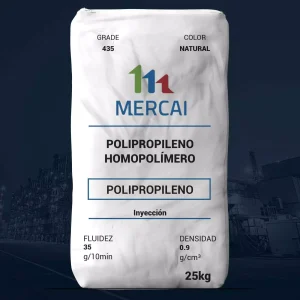 Nombre del producto: PP - HOPP - MFI35 - MERCAI - EXCHANGE 435 Categoría: Polipropileno Atributos del producto: - Material: Polipropileno homopolímero - Color: Natural - Tamaño: 25 kg (peso del paquete) - Grado: 435 - Fluidez: 35 g/10 min - Densidad: 0.9 g/cm³ Uso y funcionalidad: - Aplicaciones: Inyección de plásticos. Texto visible: - Marca: MERCAI - Indicación de uso: Inyección Diferenciadores o elementos técnicos: - Homopolímero específico de polipropileno, indicado para aplicaciones de inyección.