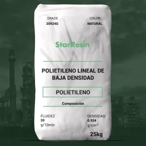Nombre del producto: PE - LLDPE - MFI20 - STAR RESIN - L20924G Categoría: Polietileno Marca: StarResin Color: Natural Peso: 25 kg Propiedades técnicas: - Fluidez: 20 g/10min - Densidad: 0.924 g/cm³ Descripción del producto: LLDPE 20924 G es un resina granular de polietileno lineal de baja densidad, diseñada para compuestos y concentrados de color. Instrucciones del producto: Esta información se considera correcta; el uso del producto en condiciones reales está fuera de nuestro control. Los resultados satisfactorios son responsabilidad del cliente. Se recomienda evaluar la idoneidad del producto para el equipo y producto final.