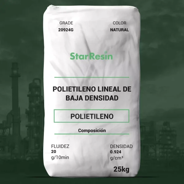 Nombre del producto: PE - LLDPE - MFI20 - STAR RESIN - L20924G Categoría: Polietileno Marca: StarResin Color: Natural Peso: 25 kg Propiedades técnicas: - Fluidez: 20 g/10min - Densidad: 0.924 g/cm³ Descripción del producto: LLDPE 20924 G es un resina granular de polietileno lineal de baja densidad, diseñada para compuestos y concentrados de color. Instrucciones del producto: Esta información se considera correcta; el uso del producto en condiciones reales está fuera de nuestro control. Los resultados satisfactorios son responsabilidad del cliente. Se recomienda evaluar la idoneidad del producto para el equipo y producto final.