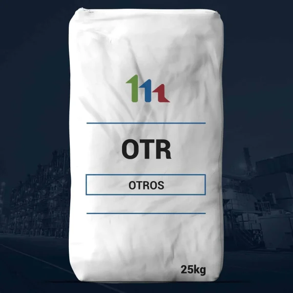 Nombre del producto: GENERIC POLYMER OTHER PLACEHOLDER Categoría: Otros Atributos del producto: - Material: Polímero (específico no indicado) - Color: Blanco - Tamaño: 25 kg - Forma: Saco - Componentes visibles: Saco de polipropileno o material similar Texto visible transcrito: - OTR - OTROS - 25 kg Funcionalidad e uso: - Posiblemente utilizado para propósitos industriales o de construcción, dada su categoría y presentación en saco. Diferenciadores técnicos: - Marca visible en el saco: 111 (símbolos de color verde y rojo, representación gráfica del número). - Tipo de producto claramente etiquetado.