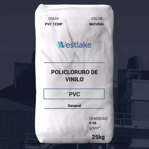Nombre del producto: PVC 1230P Marca: Westlake Categoría: Policloruro de Vinilo Color: Natural Peso: 25 kg Densidad: 0.56 g/cm³ Atributos del producto: - Material: PVC - Apariencia: Polvo blanco libremente fluido - Tamaño del paquete: No especificado en imagen Usos sugeridos: - Extrusión de productos rígidos de PVC como tuberías y perfiles Propiedades técnicas destacadas: - K-value: 65 - Viscosidad inherente: 0.89 (ASTM D5225) - Viscosidad relativa: 2.17 (1.0% en ciclopentanona a 25°C) - Volátiles (% máximo): 0.30 - Clasificación de celda ASTM: GP3-16040 Observaciones: - La resina es adecuada para la producción de tuberías rígidas y se puede procesar tanto a través de extrusión de un solo tornillo como de múltiples tornillos. - Tiene buena estabilidad térmica y características de densidad a granel. Advertencias: - La información proporcionada se considera precisa pero se presenta sin garantía de ningún tipo.