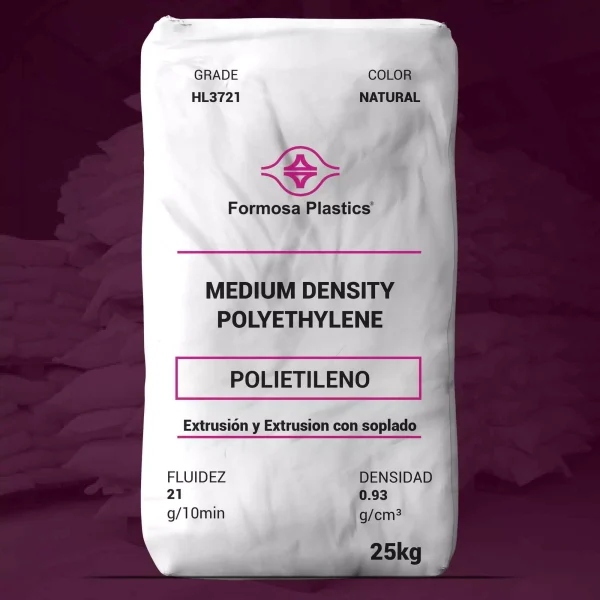 Nombre del producto: PE - MDPE - MFI21 - FORMOSA - HL3721 Categoría: Polietileno Marca: Formosa Plastics Características del producto: - Material: Polietileno de densidad media (MDPE) - Color: Natural - Tamaño: 25 kg - Fluidez: 21 g/10 min - Densidad: 0.93 g/cm³ Detalles técnicos: - Uso: Extrusión y soplado - Aplicaciones sugeridas: Revestimientos de vertederos, contención de tanques de gasolina y químicos, barreras de humedad en túneles, proyectos de recolección de colas mineras. Diferenciadores: - Resina de copolímero de hexeno de alto peso molecular. - Balance excelente de propiedades de resistencia a la corrosión ambiental (ESCR) y buena procesabilidad. - Rango de fusión amplio y gran resistencia a la fusión. Propiedades físicas nominales: - Densidad: 0.937 g/cc - Índice de fusión: 21.0 g/10 min - Resistencia a la tracción: 2900 psi (20 MPa) - Alargamiento al romper: 800% - Módulo de flexión: 120,000 psi (830 MPa) - Dureza (Shore D): 57 - Temperatura de ablandamiento Vicat: 221 °F (105 °C) - Temperatura de deflexión térmica: 137 °F (58 °C) Observaciones: Las propiedades reportadas son típicas del producto y no reflejan variaciones normales de prueba.