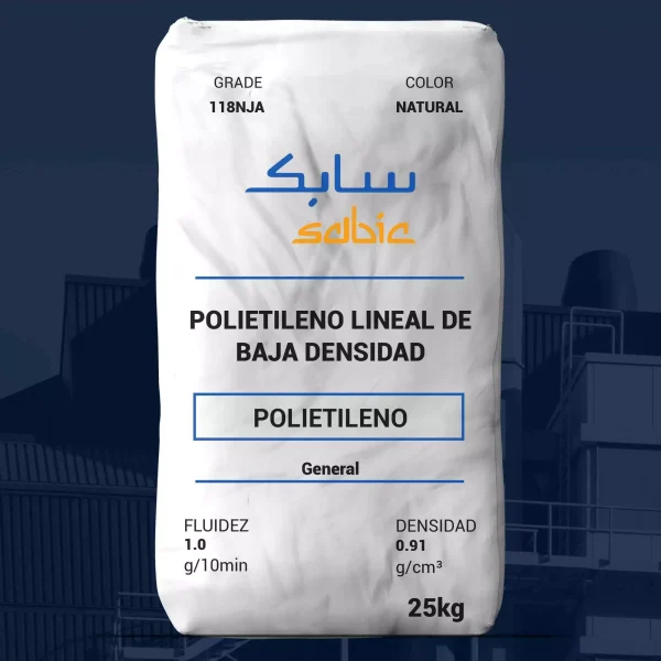 Nombre del producto: PE - LLDPE - MFI1 - SABIC - 118NJA Categoría: Polietileno Marca: SABIC Información del producto: - Color: Natural - Tamaño/Capacidad: 25 kg - Fluidez: 1.0 g/10 min - Densidad: 0.91 g/cm³ Descripción: Polietileno lineal de baja densidad (LLDPE) utilizado para aplicaciones de propósito general. Aplicaciones típicas: - Bolsas de envío - Bolsas de hielo - Bolsas para alimentos congelados - Filmes de estiramiento - Bolsas de productos Propiedades destacadas: - Resistencia al impacto - Buena resistencia al punzón - Alta tenacidad - Propiedades ópticas adecuadas (no indicado en la imagen) Recomendaciones de almacenamiento: - Almacenar en lugar seco y a temperaturas adecuadas para evitar deterioro. Aviso: Este producto no está destinado para aplicaciones farmacéuticas o médicas. Consideraciones de medio ambiente: Se considera un material de empaque eficiente y reciclable, favoreciendo la recuperación de materiales y el reciclaje. Este resumen está basado en la imagen y la información disponible.