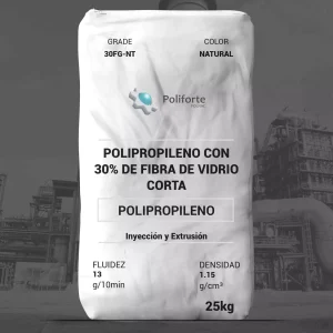 Nombre del producto: PP - COMPUESTO - MFI13 - POLNAC - POLIFORTE PP30FG-NT Categoría: Polipropileno Marca: Polinac Color de referencia: Natural Peso: 25 kg Propiedades físicas y mecánicas: - Fluidez: 13 g/10 min (ASTM D1238A) - Densidad: 1.15 g/cm³ (ASTM D792A) Método de transformación: - Inyección - Extrusión Recomendaciones para procesamiento: - Temperatura de proceso: 220-240 °C - Temperatura de boquilla: 200-210 °C - Temperatura de cañón: 230-240 °C Propuestas de aplicación: - Piezas mecánicas para automóviles - Piezas de electrodomésticos - Transformación mediante inyección y extrusión Observaciones: - Almacenarse en un lugar seco y libre de polvo. - No exponer a intemperie, disolventes o fuentes de ignición. - Usar dentro de los 12 meses tras la compra. - Libre de metales pesados. Este material es un polipropileno modificado con 30% de fibra de vidrio corta para aplicaciones de alto rendimiento, adecuado para varios sectores industriales como empaque rígido, cuidado personal, eléctrico-electrónico, entre otros.