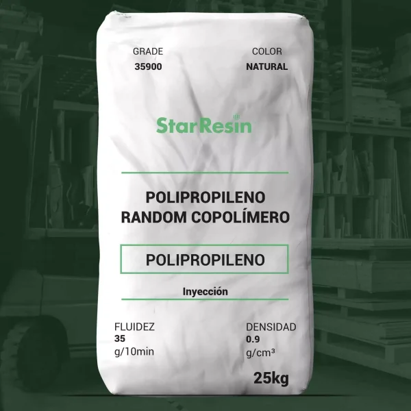 Nombre del producto: PP-RCOPP 35900-STAR RESIN Categoría: Polipropileno Atributos del producto: - **Material:** Polipropileno Random Copolímero - **Color:** Natural - **Tamaño:** 25 kg Características técnicas: - **Fluidez (Melt Index):** 35 g/10min (D 1238) - **Densidad:** 0.9 g/cm³ (D 1505) - **Rango de Temperatura de Fusión:** 293-306 °F (D 3418) - **Resistencia a la Tracción al Yield:** 3900 psi (D 638) - **Elongación al Yield:** 11% (D 638) - **Módulo de Flexión, 1% Secante:** 143 kpsi (D 790) - **Temperatura de Deflexión a 66 psi:** 185 °F (D 648) - **Dureza Rockwell:** 80 R (D 785) - **Impacto Notched Izod @ 23°C:** 1.0 ft.lb/in. (D 256) - **Impacto Gardner @ 23°C:** > 320 in-ln (D 5420) Aplicaciones de moldeo por inyección: - Productos de consumo - Empaque de alimentos Notas: - Este resina es nucleada, tiene agente antistático y se produce sin componentes animales o ftalatos. Marca: StarResin