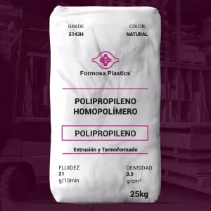 Nombre del producto: PP - HOPP - MFI21 - FORMOSA - 5143H Categoría: Polipropileno Marca: Formosa Plastics Color: Natural Tamaño: 25 kg Características y propiedades: - Tipo de material: Polipropileno homopolímero - Fluidez: 21 g/10 min - Densidad: 0.9 g/cm³ - Aplicaciones: Extrusión y termoformado - Certificación: Cumple con el 21 CFR 177.1520 de la FDA para contacto directo con alimentos Diferenciadores técnicos: - Buena claridad - Balance excelente de rigidez y resistencia al impacto - Ventana de formación amplia y tiempo de configuración rápido - Libre de contenido de origen animal Otras propiedades importantes: - Resistencia a la tracción: 5,300 psi (37 MPa) - Elongación a la ruptura: 6% - Módulo de flexión: 245,000 psi (1690 MPa) - Resistencia al impacto Notched Izod: 0.7 ft-lb/in (37 J/m) - Temperatura de deflexión por calor: 241 °F (116 °C) Notas: - Datos representativos, no se deben interpretar como especificaciones de producto.