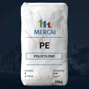 Nombre del producto: PE - HDPE - MFI8 - Star Resin - 8960U Categoría: Polietileno Marca: MERCAI Material: Polietileno (PE) Fluidez: 8 g/10 min Densidad: 0.96 g/cm³ Tamaño: 25 kg (peso de la bolsa) Características Funcionales: - El polietileno es un termoplástico, utilizado comúnmente en aplicaciones que requieren durabilidad y flexibilidad. - Ideal para la fabricación de diversos productos plásticos. Diferenciadores Técnicos: - Alta fluidez, lo que permite su fácil procesamiento en moldes y extrusiones. - Density baja, lo que contribuye a la ligereza y manejabilidad del material. Texto visible: - "FLUIDEZ 8 g/10min" - "DENSIDAD 0.96 g/cm³" - "25kg" Detalles de diseño: - Bolsa blanca con gráfico de marca en color. - Etiquetas claras que especifican las propiedades del producto.