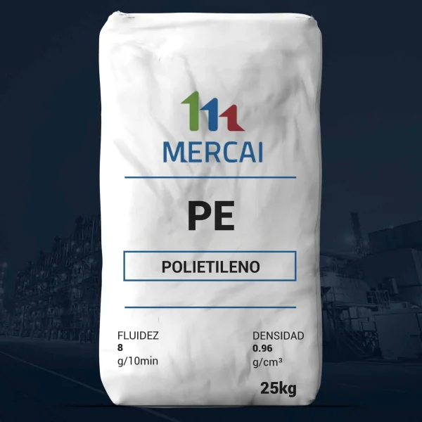 Nombre del producto: PE - HDPE - MFI8 - Star Resin - 8960U Categoría: Polietileno Marca: MERCAI Material: Polietileno (PE) Fluidez: 8 g/10 min Densidad: 0.96 g/cm³ Tamaño: 25 kg (peso de la bolsa) Características Funcionales: - El polietileno es un termoplástico, utilizado comúnmente en aplicaciones que requieren durabilidad y flexibilidad. - Ideal para la fabricación de diversos productos plásticos. Diferenciadores Técnicos: - Alta fluidez, lo que permite su fácil procesamiento en moldes y extrusiones. - Density baja, lo que contribuye a la ligereza y manejabilidad del material. Texto visible: - "FLUIDEZ 8 g/10min" - "DENSIDAD 0.96 g/cm³" - "25kg" Detalles de diseño: - Bolsa blanca con gráfico de marca en color. - Etiquetas claras que especifican las propiedades del producto.