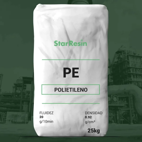 Nombre del producto: PE - LLDPE - MFI 20 - Star Resin 20924 Categoría: Polietileno Atributos del producto: - Material: Polietileno (PE) - Fluidez: 20 g/10min - Densidad: 0.92 g/cm³ - Peso: 25 kg Características destacadas: - Marca: StarResin - Formato: Saco Detalles funcionales: - Uso: Material para procesos de fabricación - Aspecto: Saco blanco con texto impreso en verde y negro Elementos diferenciadores: - Información técnica clara que indica la fluidez y densidad, útil para aplicaciones específicas.