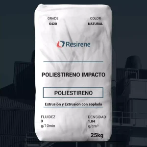 Nombre del producto: PS - MFI3 - RESIRENE - RESIRENE 6420 Categoría: Poliestireno **Marca:** Resirene **Características del producto:** - Tipo de material: Poliestireno Impacto (HIPS) - Color: Natural - Fluidez: 3 g/10 min - Densidad: 1.04 g/cm³ - Peso: 25 kg **Aplicaciones:** - Extrusión de lámina - Termoformado profundo - Mezclas con GPPS - Vasos y platos termoformados **Propiedades físicas:** - Índice de flujo: 3 g/10 min - Densidad: 1.04 g/cm³ **Propiedades mecánicas:** - Elongación a la ruptura: 50% - Tensión a la ruptura: 2,800 Psi (20 MPa) - Módulo en tensión: 290 Kpsi (2,000 MPa) **Propiedades de impacto:** - Impacto Izod Ranurado: 2.2 ft-lbf/in (117 J/m) **Características térmicas:** - Temperatura Vicat: 194 °F (90 °C) - HDT a 264 psi: 176 °F (80 °C) **Condiciones de extrusión:** - Zona inicial: 80 °C (176 °F) - Zona de alimentación: 180-190 °C (356-374 °F) - Zona de transporte: 190-200 °C (374-392 °F) - Zona de compresión: 200-210 °C (392-410 °F) - Zona de bombeo: 210-220 °C (410-428 °F) - Melt: 220 °C (392 °F) **Advertencia:** La combustión puede causar humos y vapores peligrosos. Nota: La información es informativa y no garantiza resultados específicos.