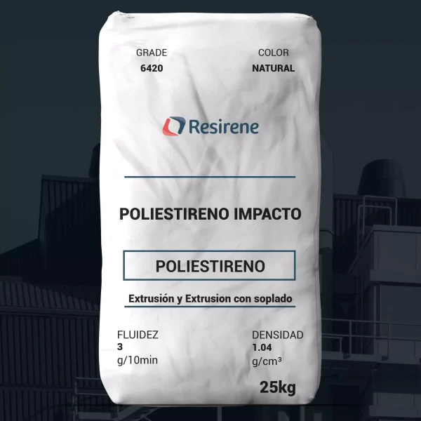 Nombre del producto: PS - MFI3 - RESIRENE - RESIRENE 6420 Categoría: Poliestireno **Marca:** Resirene **Características del producto:** - Tipo de material: Poliestireno Impacto (HIPS) - Color: Natural - Fluidez: 3 g/10 min - Densidad: 1.04 g/cm³ - Peso: 25 kg **Aplicaciones:** - Extrusión de lámina - Termoformado profundo - Mezclas con GPPS - Vasos y platos termoformados **Propiedades físicas:** - Índice de flujo: 3 g/10 min - Densidad: 1.04 g/cm³ **Propiedades mecánicas:** - Elongación a la ruptura: 50% - Tensión a la ruptura: 2,800 Psi (20 MPa) - Módulo en tensión: 290 Kpsi (2,000 MPa) **Propiedades de impacto:** - Impacto Izod Ranurado: 2.2 ft-lbf/in (117 J/m) **Características térmicas:** - Temperatura Vicat: 194 °F (90 °C) - HDT a 264 psi: 176 °F (80 °C) **Condiciones de extrusión:** - Zona inicial: 80 °C (176 °F) - Zona de alimentación: 180-190 °C (356-374 °F) - Zona de transporte: 190-200 °C (374-392 °F) - Zona de compresión: 200-210 °C (392-410 °F) - Zona de bombeo: 210-220 °C (410-428 °F) - Melt: 220 °C (392 °F) **Advertencia:** La combustión puede causar humos y vapores peligrosos. Nota: La información es informativa y no garantiza resultados específicos.
