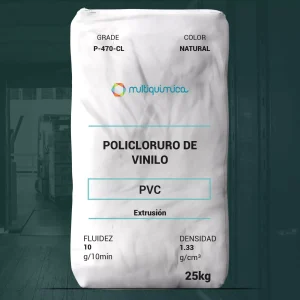 Nombre del producto: PVC - MFI10 - MULTIQUIMICA - VINYTEK P-470-CL Categoría: Policloruro de Vinilo Descripción: Compuesto de PVC rígido, color violeta cristal tono alto, alta resistencia al impacto. Aplicación: Extrusión de Perfiles Rígidos Especificaciones: - **Fluidez:** 10 g/10 min - **Densidad:** 1.33 g/cm³ Embalaje: - Fundas de 25 kg. - Cajas de 850 y 900 kg. Almacenamiento: En envases originales, sin condiciones especiales. Recomendaciones de uso: Asistencia técnica disponible según requerimientos. Marca: Multiquímica Modelo: P-470-CL