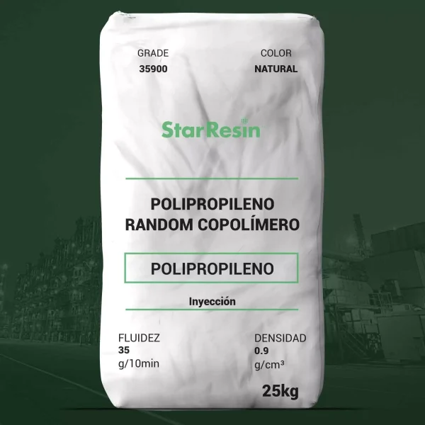 Nombre del producto: PP - RANDOM - MFI35 - STAR RESIN - 35900 Categoría: Polipropileno Marca: StarResin Color: Natural Peso: 25 kg **Características técnicas:** - Fluidez (Melt Index, MI2): 35 g/10min (D 1238) - Densidad: 0.90 g/cm³ (D 1505) - Rango de temperatura de fusión: 293-306 °F (D 3418) - Resistencia a la tracción en el punto de rendimiento: 3900 psi (D 638) - Alargamiento en el punto de rendimiento: 11 % (D 638) - Módulo de flexión, 1 % secante: 143 kpsi (D 790) - Temperatura de deflexión a 66 psi: 185 °F (D 648) - Dureza Rockwell: 80 R (D 785) - Impacto Notched Izod a 23°C: 1.0 ft.lb/in. (D 256) - Impacto Gardner a 23°C: > 320 in-ln (D 5420) **Aplicaciones de moldeo por inyección:** - Productos de consumo - Envasado de alimentos **Notas:** - Este resina es nucleada, tiene agente antistático y es producida sin componentes animales o ftalatos. **Información adicional:** - Número de contacto (nacional): 1-800 417-4605 - Número de contacto (internacional): +1-646-790-7200 - Sitio web: www.globalplastics.net