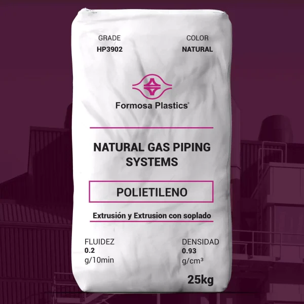 Nombre del producto: PE - MDPE - MFI0.2 - FORMOSA - FORMOLENE HP3902 Marca: Formosa Plastics Categoría: Polietileno Color: Natural Características físicas: - Fluidez: 0.2 g/10 min - Densidad: 0.93 g/cm³ - Presentación: Saco de 25 kg Uso y funcionalidad: - Diseñado para sistemas de tuberías de gas natural. - Aplicaciones sugeridas: - Tubería de distribución de gas - Sistemas de tuberías industriales Diferenciadores técnicos: - Resistencia a la propagación de grietas lentas. - Buenas propiedades mecánicas a largo plazo. - Contiene estabilizador UV. - Cumple con normas ASTM, CSA, PPI y NSF. Propiedades nominales (presentadas): - Resistencia de tracción a la rotura: 4800 psi (33 MPa) - Alargamiento máximo: >500% - Módulo de flexión: 110,000 psi (760 MPa) - Temperatura de fragilidad: < -130 °F (< -90 °C) - Base de diseño hidrostático: 1250 psi (8.6 MPa) a 73 °F (23 °C) Nota: Las propiedades reportadas son típicas del producto pero no deben usarse para fines de especificación.