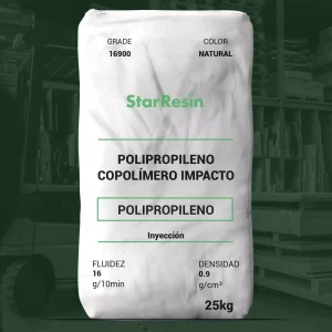 Nombre del producto: PP - COPP - MFI16 - STAR RESIN - PPC 16900 Marca: Star Resin Categoría: Polipropileno Características del producto: - Material: Polipropileno Copolímero Impacto - Color: Natural - Fluidez: 16 g/10 min - Densidad: 0.9 g/cm³ - Tamaño del paquete: 25 kg Usos: - Aplicaciones de consumo - Bienes de uso doméstico - Aplicaciones industriales Método de procesamiento: - Inyección Diferenciadores técnicos: - Alta estabilidad térmica - Alta resistencia al impacto - Buenas cualidades de moldeo y liberación Información adicional: - Comercialización activa en África, Medio Oriente, Asia Pacífico, Europa, América Latina y América del Norte.