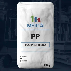 Nombre del producto: PP - RCPP MFI 35 - MERCAI Categoría: Polipropileno Atributos del producto: - Material: Polipropileno - Color: Blanco (based on bag appearance) - Tamaño: 25 kg - Fluidez: 35 g/10min - Marca: MERCAI Características adicionales: - La bolsa está diseñada para almacenar el polipropileno, indicando su uso en aplicaciones industriales. - No se observan conectores, botones ni otros elementos funcionales visibles en la imagen. - La bolsa no muestra instrucciones adicionales ni detalles de uso. Funcionalidad: - El polipropileno se utiliza comúnmente en la fabricación de productos plásticos. Su clasificación MFI indica propiedades de fluidez, lo cual es crucial para procesos de moldeado y fabricación. Consideraciones: - La información visible se limita a lo que se muestra en la bolsa sin más contexto externo.