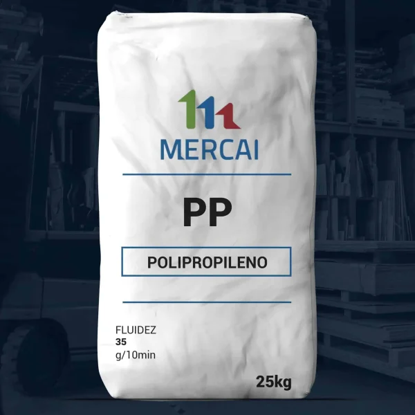 Nombre del producto: PP - RCPP MFI 35 - MERCAI Categoría: Polipropileno Atributos del producto: - Material: Polipropileno - Color: Blanco (based on bag appearance) - Tamaño: 25 kg - Fluidez: 35 g/10min - Marca: MERCAI Características adicionales: - La bolsa está diseñada para almacenar el polipropileno, indicando su uso en aplicaciones industriales. - No se observan conectores, botones ni otros elementos funcionales visibles en la imagen. - La bolsa no muestra instrucciones adicionales ni detalles de uso. Funcionalidad: - El polipropileno se utiliza comúnmente en la fabricación de productos plásticos. Su clasificación MFI indica propiedades de fluidez, lo cual es crucial para procesos de moldeado y fabricación. Consideraciones: - La información visible se limita a lo que se muestra en la bolsa sin más contexto externo.