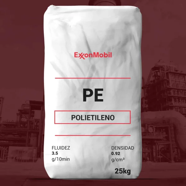 Nombre del producto: PE - MFI3.5 - Exceed m 3518PA - ExxonMobil (Con Aditivos) Categoría: Polietileno Atributos del producto: - Marca: ExxonMobil - Material: Polietileno - Tipo de polietileno: PE - Fluidez: 3.5 g/10min - Densidad: 0.92 g/cm³ - Peso: 25 kg Características visibles: - Color: Blanco - Diseño: Bolsa con etiquetado claro y sencillo - Componentes: Aditivos incluidos Funcionalidad: - Utilizado como materia prima en la fabricación de diversos productos de polietileno. - Específicamente diseñado para aplicaciones que requieren características de fluidez y densidad. Textos visibles: - “ExxonMobil” - “PE” - “POLIETILENO” - “FLUIDEZ 3.5 g/10min” - “DENSIDAD 0.92 g/cm³” - “25kg”
