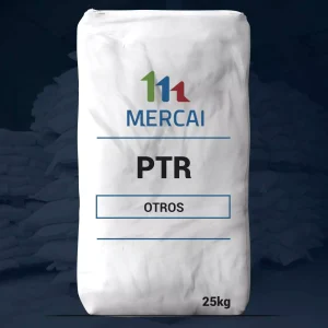Nombre del producto: P.T.R de 25 kg Categoría: Otros Marca: MERCAI Material: No especificado en la imagen Color: Blanco (por el empaque) Tamaño: 25 kg Detalles del diseño: Saco de material resistente con etiqueta impresa. Texto visible: - "MERCIAI" - "PTR" - "OTROS" - "25kg" Elementos técnicos: No se muestran conectores, botones o características adicionales. Funcionalidad: Producto en forma de polvo o grano, utilizado para diversos fines industriales o comerciales, inferido por la categorización "OTROS".