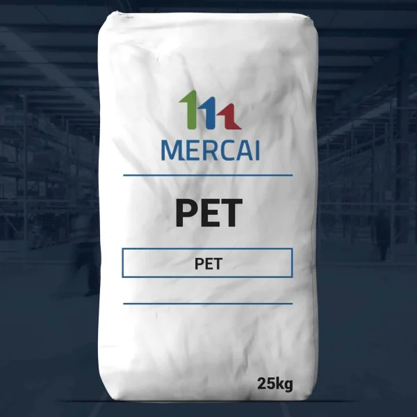 Nombre del producto: PET - RECRON IV 0.8 - PET 6868 Categoría: Tereftalato de Polietileno Marca: MERCAI Peso: 25 kg Material: PET (Tereftalato de Polietileno) Uso: Material para la fabricación y producción, utilizado comúnmente en aplicaciones textiles y plásticas. Características visibles: - Empaque en bolsa. - Etiqueta con información de marca y tipo de producto. Funcionalidad: - Utilizado en fabricación industrial y comercial, ideal para procesos relacionados con el reciclaje y producción de envases. Diferenciadores técnicos: - Producto presentado en un formato de 25 kg, adecuado para la industria. Transcripción de texto visible: - "MERCAI" - "PET" - "25kg"
