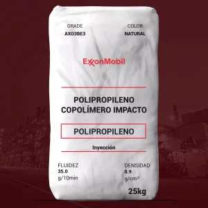 Nombre del producto: Exxonomobil™ AXO3BE3 Categoría: Polipropileno Marca: ExxonMobil Color: Natural Tamaño del envase: 25 kg Forma: Pellets Método de procesamiento: Inyección Características del producto: - Fluidez: 35 g/10 min - Densidad: 0.9 g/cm³ Usos: - Aplicaciones en electrodomésticos - Partes interiores de automóviles - Aplicaciones industriales Aspectos técnicos: - Poliopropileno copolímero de impacto - Diseñado para aplicaciones de moldeo por inyección Notas adicionales: - Este producto no debe ser utilizado en aplicaciones médicas sin autorización previa de ExxonMobil. - Cumplimiento con regulaciones de contacto alimentario (consultar con el representante de servicio al cliente de ExxonMobil).