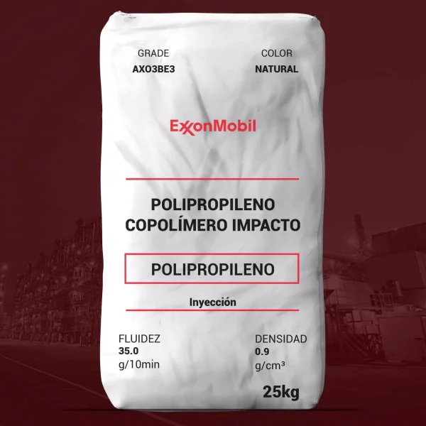 Nombre del producto: Exxonomobil™ AXO3BE3 Categoría: Polipropileno Marca: ExxonMobil Color: Natural Tamaño del envase: 25 kg Forma: Pellets Método de procesamiento: Inyección Características del producto: - Fluidez: 35 g/10 min - Densidad: 0.9 g/cm³ Usos: - Aplicaciones en electrodomésticos - Partes interiores de automóviles - Aplicaciones industriales Aspectos técnicos: - Poliopropileno copolímero de impacto - Diseñado para aplicaciones de moldeo por inyección Notas adicionales: - Este producto no debe ser utilizado en aplicaciones médicas sin autorización previa de ExxonMobil. - Cumplimiento con regulaciones de contacto alimentario (consultar con el representante de servicio al cliente de ExxonMobil).