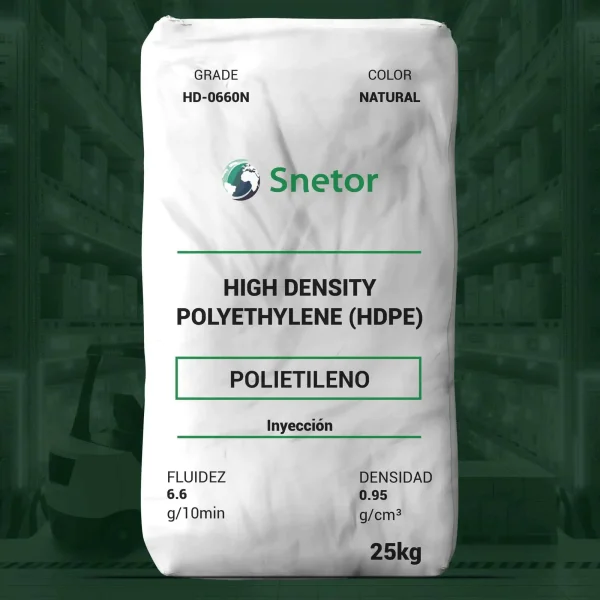 Nombre del producto: HDPE SNETOR HD-0660N Categoría: Polietileno Marca: Snetor **Características del producto:** - **Material:** Polietileno de alta densidad (HDPE) - **Color:** Natural - **Tamaño:** 25 kg **Propiedades Nominales:** - **Fluidez:** 6.6 g/10 min - **Densidad:** 0.95 g/cm³ **Información adicional:** - **Uso:** Inyección - **Aplicaciones recomendadas:** Productos industriales, tapas de baldes, aplicaciones automotrices, partes espumadas **Especificaciones adicionales:** - **Gramaje:** HD-0660N - **Información de contacto:** - **Email:** plastics@snetor.fr - **Teléfono:** +33 1 49 04 88 88 **Disclaimer:** La información es precisa según el conocimiento actual, la responsabilidad del rendimiento recae en el cliente.