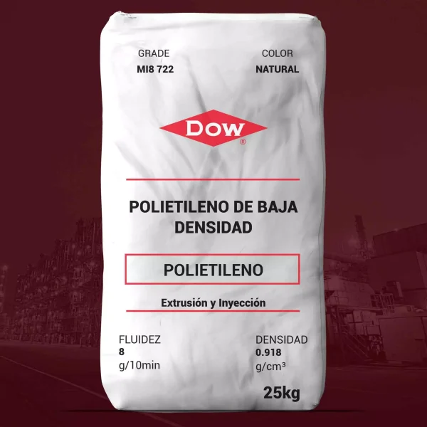 Nombre del producto: PE-LDPE MI8 722-DOW Marca: DOW Categoría: Polietileno **Características físicas:** - Material: Polietileno de Baja Densidad (LDPE) - Color: Natural - Tamaño del empaquetado: 25 kg **Propiedades técnicas:** - Fluidez: 8 g/10 min - Densidad: 0.918 g/cm³ **Usos y aplicaciones:** - Aplicaciones típicas: Extrusión y inyección, tapas y cierres **Cumplimiento normativo:** - Cumple con regulaciones: - CANADIAN HPFB NO OBJECTION (CON LIMITACIONES) - EU No 10/2011 - U.S. FDA 21 CFR 177.1520 (c) 2.2 - U.S. FDA DMF **Notas adicionales:** - Se considera que las especificaciones son representativas y no deben interpretarse como especificaciones técnicas. - Se recomienda que los usuarios realicen sus propios ensayos para confirmar los resultados.