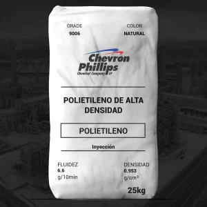 Nombre del producto: PE - HDPE - MFI6.6 - CHEVRON PHILLIPS - MARLEX 9006 Categoría: Polietileno Marca: Chevron Phillips Chemical Componentes: - Material: Polietileno de alta densidad (HDPE) - Color: Natural Características técnicas: - Fluidez: 6.6 g/10 min - Densidad: 0.953 g/cm³ Usos sugeridos: - Aplicaciones de inyección - Pailas industriales (de cinco galones) - Tapas de paila - Aplicaciones automotrices - Partes espumadas Especificaciones: - Cumple con ASTM D4976 - PE 233 - Cumple con FDA 21 CFR 177.1520(c) 3.2a, condiciones de uso B a H según 21 CFR 176.170(c) Peso: 25 kg Instrucciones de uso: El usuario debe determinar la idoneidad del producto para usos específicos y asumir todos los riesgos asociados. Se desaconseja depender únicamente de la información proporcionada. Datos de contacto: Chevron Phillips Chemical P.O. Box 4910 The Woodlands, TX 77387-4910 800.231.1212