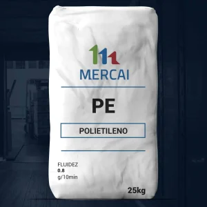 Nombre del producto: PE - HDPE - MFI .8 - MERCAI Categoría: Polietileno Atributos del producto: - Material: Polietileno (PE) - Marca: MERCAI - Fluidez: 0.8 g/10 min - Peso: 25 kg Detalles funcionales: - Uso: Se utiliza en procesos de fabricación de plásticos, conformado y fabricación de productos derivados de polietileno. - Características: Polietileno de alta densidad (HDPE) Texto visible en la imagen: - "PE" - "POLIETILENO" - "FLUIDEZ 0.8 g/10min" - "25kg" Diferenciadores técnicos: - Tipo de polietileno: Alta densidad (HDPE) - Indicaciones de fluidez que afectan procesabilidad en aplicaciones industriales.