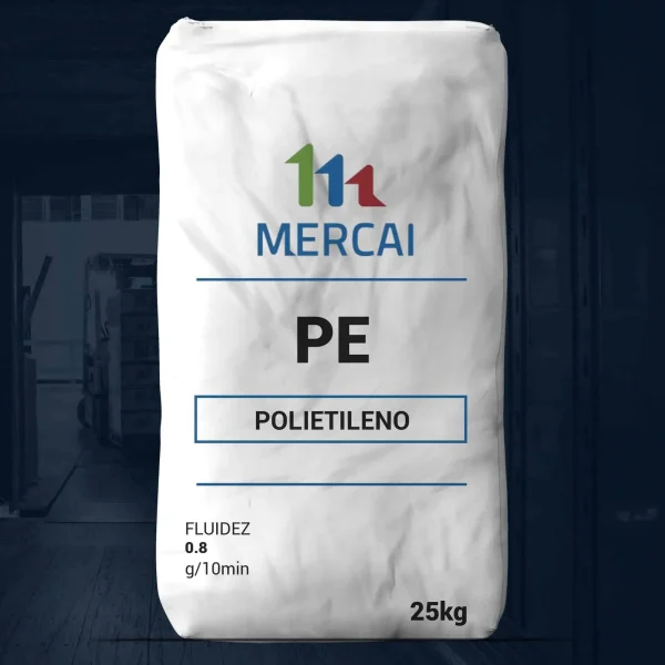 Nombre del producto: PE - HDPE - MFI .8 - MERCAI Categoría: Polietileno Atributos del producto: - Material: Polietileno (PE) - Marca: MERCAI - Fluidez: 0.8 g/10 min - Peso: 25 kg Detalles funcionales: - Uso: Se utiliza en procesos de fabricación de plásticos, conformado y fabricación de productos derivados de polietileno. - Características: Polietileno de alta densidad (HDPE) Texto visible en la imagen: - "PE" - "POLIETILENO" - "FLUIDEZ 0.8 g/10min" - "25kg" Diferenciadores técnicos: - Tipo de polietileno: Alta densidad (HDPE) - Indicaciones de fluidez que afectan procesabilidad en aplicaciones industriales.