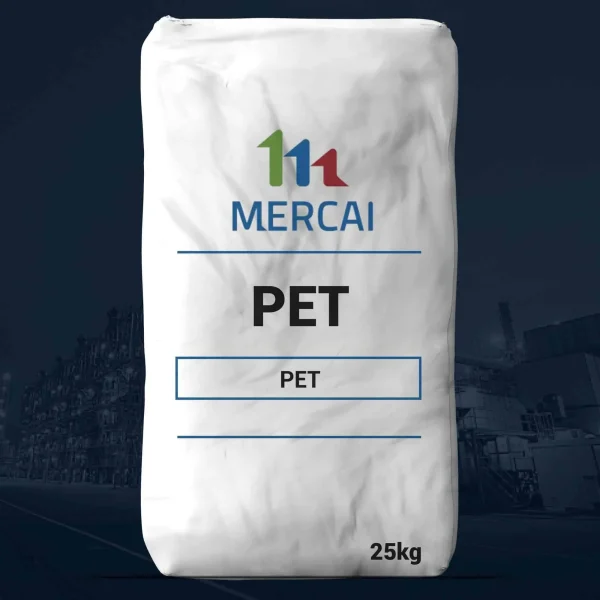 Nombre del producto: PET - RECRON IV 0.84- PET 6801 Categoría: Tereftalato de Polietileno Marca: MERCAI Material: PET (Tereftalato de Polietileno) Peso: 25 kg Color: Blanco (contenido de la bolsa) Funciones: Usado comúnmente en la fabricación de productos plásticos y textiles. Detalles visibles: Bolsa con un diseño sencillo que incluye el nombre del producto "PET" destacado en el centro. Diferenciadores: Presenta claramente la marca y la categoría del material.